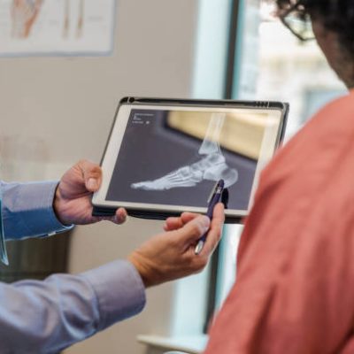 The podiatrist helps to review and explain the findings of the x-ray to his patient.